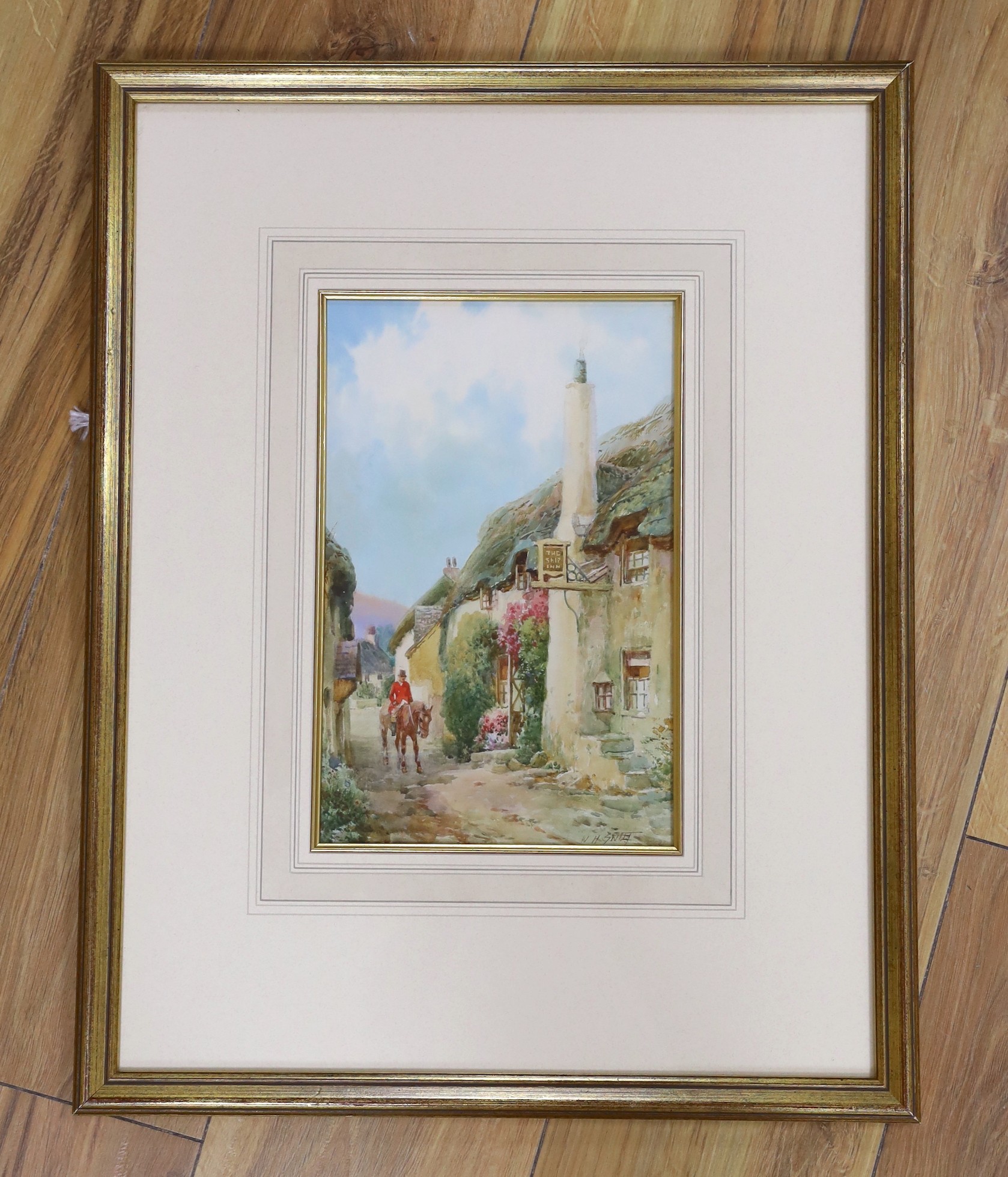 Walter Henry Sweet (1889-1943), watercolour, 'Horseman passing The Ship Inn, Porlock, Somerset', signed, 27 x 17cm